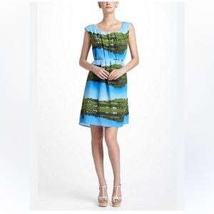 Anthropologie Cuillin Rural Landscape Silk Dress Blue & Green Printed Sz 8